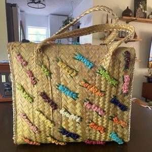 Vintage Straw Tote Bag Floral Woven Rattan Handbag Beach Tote Boho Retro 60s